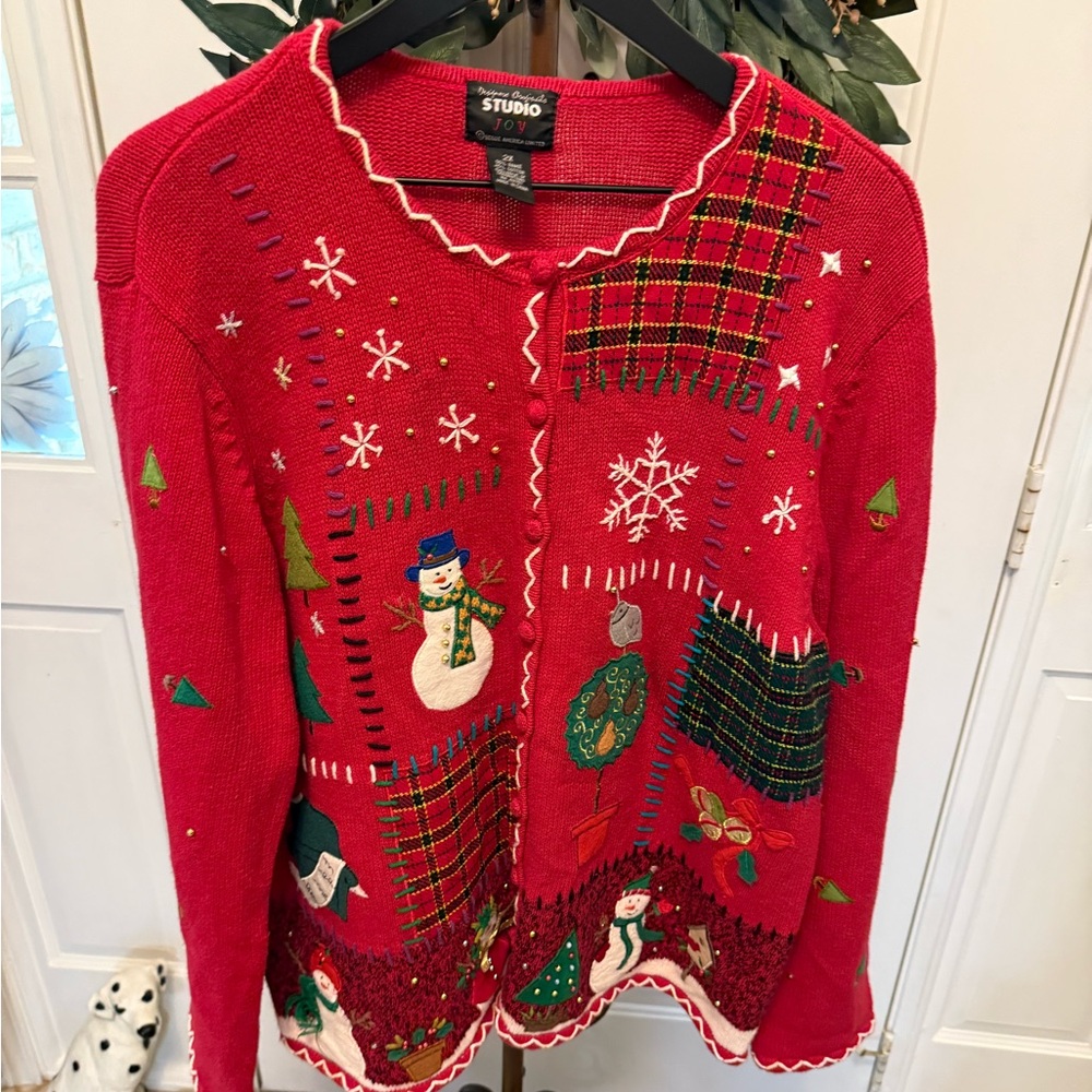 Vintage Studio Joy Fun Snowman Patch Christmas Button Down Cardigan Sweater 2X